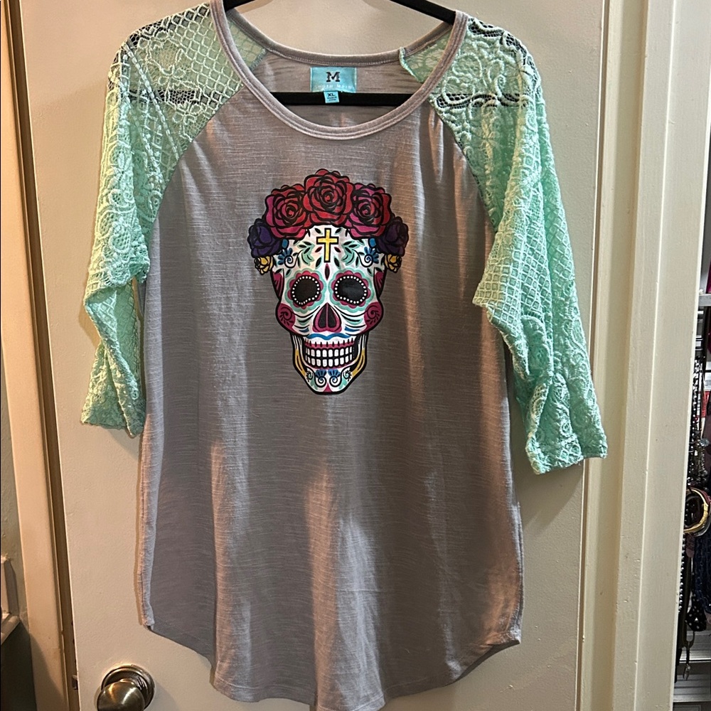 Colorful Skull Graphic Top with Lace Sleeves